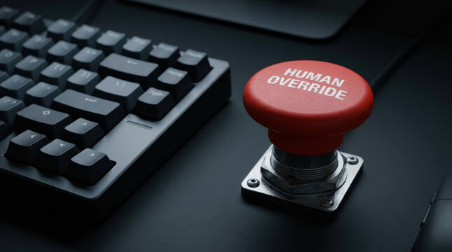 Human override button near keyboard symbolizes ai governance control and decision making in technology systems for safety and ethical use