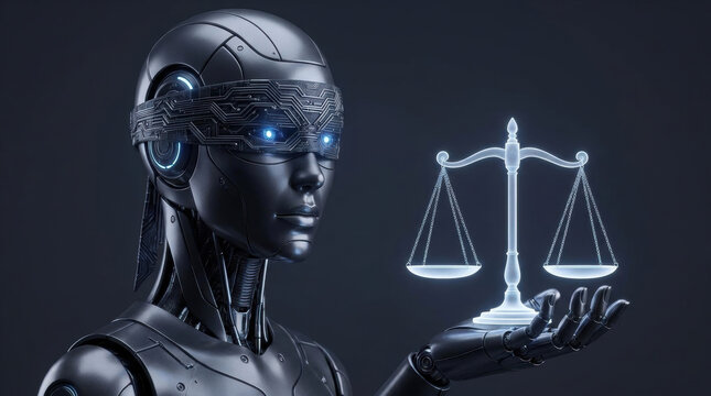 AI robot holding justice scale with glowing eyes symbolizing governance and fairness in technology and law