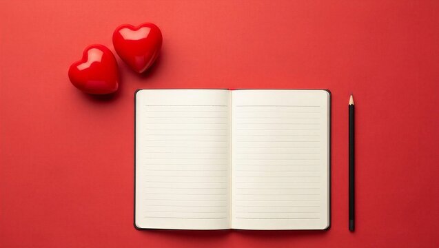 Blank notebook with black pen and red hearts on solid background  