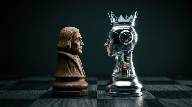 Artificial intelligence and governance symbolized by chess pieces representing human and robot leadership on dark chessboard