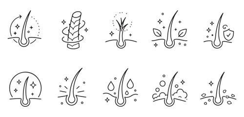 Fototapeta premium Hair Care Treatment Line Icons Collection Scalp Health Beauty Outline Vector Set