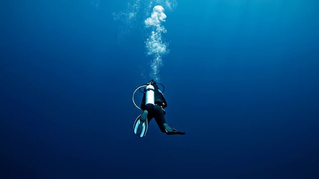 A professional scuba diver explores the deep blue ocean abyss while releasing rising air bubbles from the oxygen tank during an adventurous underwater journey within the vast and serene aquatic