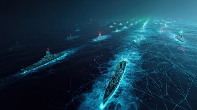 A fleet of modern warships sails in formation across a digital sea. ..Created with Generative AI, not depicting real subjects.