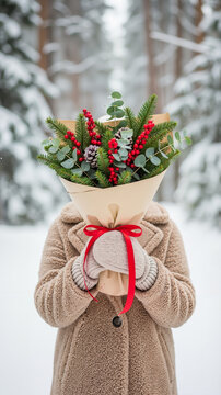 Woman holding bouquet of winter flowers in snowy forest setting  