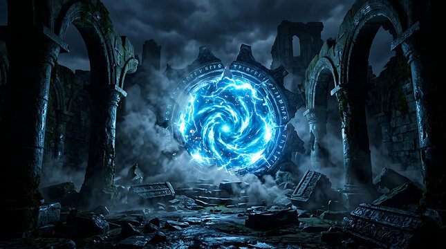 Magical glowing portal in ancient ruined temple with sci fi mystical supernatural teleportation dimensional atmosphere cinematic