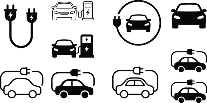 Electric car and EV charging station icons set featuring eco vehicles, power plugs, charging cables, and green energy concepts.