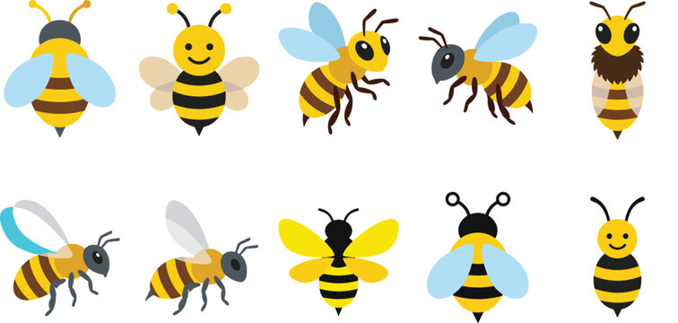 Honey bee and bumblebee vector icon set featuring cute cartoon characters, flying bees, and flat design elements on white background.