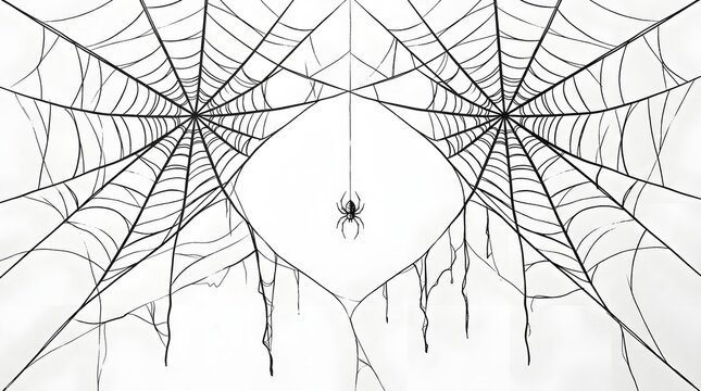 Halloween spider web with hanging spider spooky black and white illustration for halloween decorations and costumes