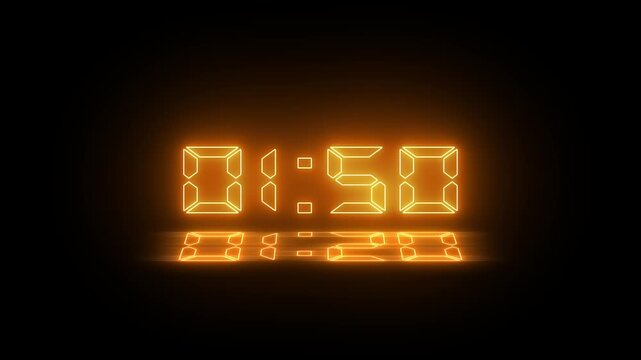 Abstract neon LED timer for 2 minutes countdown with reflection count animation on a black screen. Neon orange digital number clock with reflection.4k video animated.