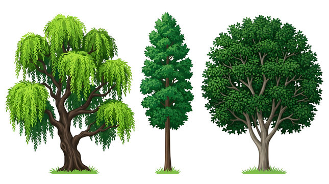 Flat vector illustration set of three different green trees isolated on white background