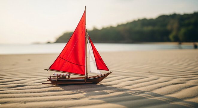 Model sailboat with red sails on a sandy beach