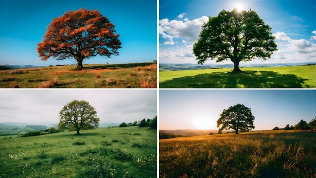 Four seasons landscape collage with a single majestic oak tree in a grassy field