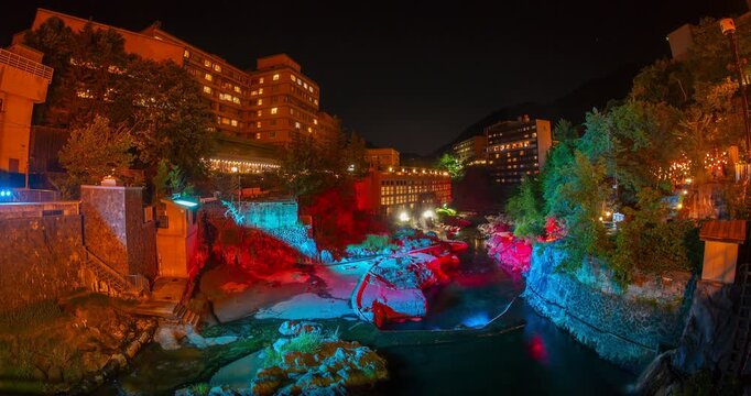 Jozankei Onsen Night Illumination Timelapse: Colorful Light Show on Toyohira River and Canyon, Sapporo, Hokkaido, Japan - Wide Angle Shot