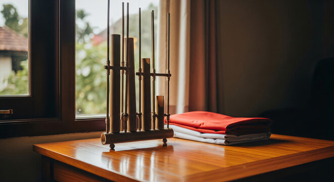 Traditional Indonesian Angklung Instrument on Wooden Table