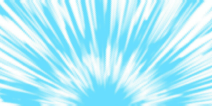Bright blue sky halftone background. Fading retro comic gradient pattern. Pixelated dotted cloud texture overlay. Cartoon pop art grain backdrop for poster, banner, advertisement, brochure. Vector