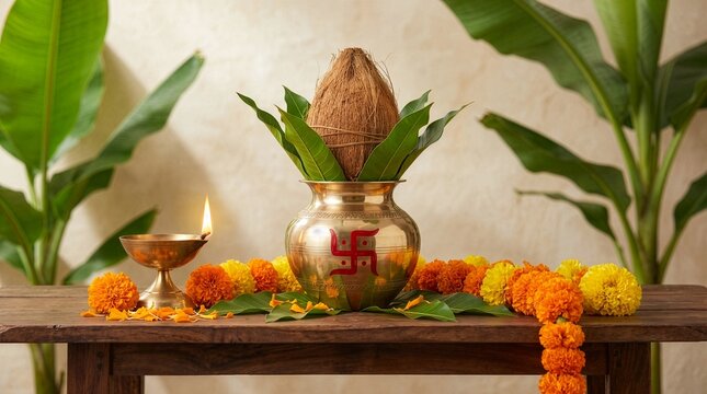Traditional Brass Kalash with Coconut and Diya for Hindu Festival Decoration