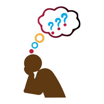 Thinking person with question marks thought bubble isolated on white background