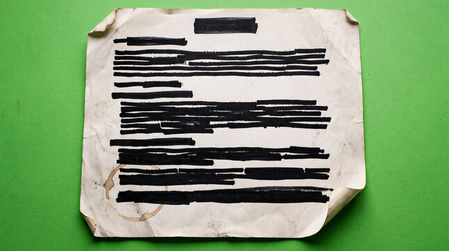 A weathered document with important sections redacted or blacked out lies on a vibrant green surface, suggesting secrecy or sensitive information.