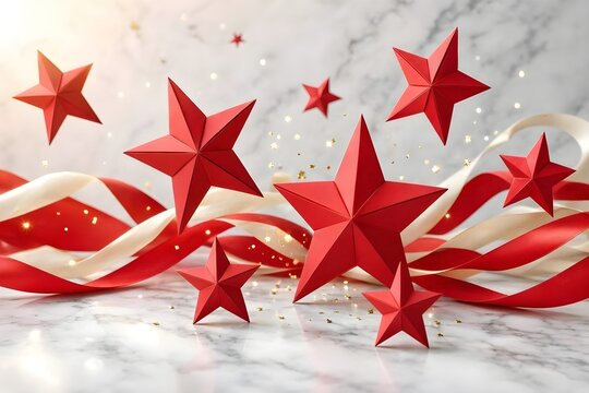 Singapore National Day celebration background with elegant red origami stars, flowing ribbons, sparkling particles, white marble texture, luxurious festive design