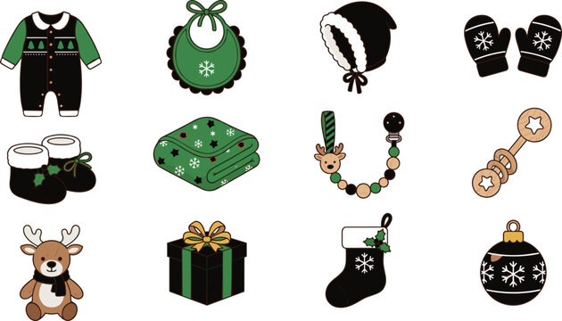 Christmas baby clothing and newborn accessories vector icon set featuring romper blanket and festive toys