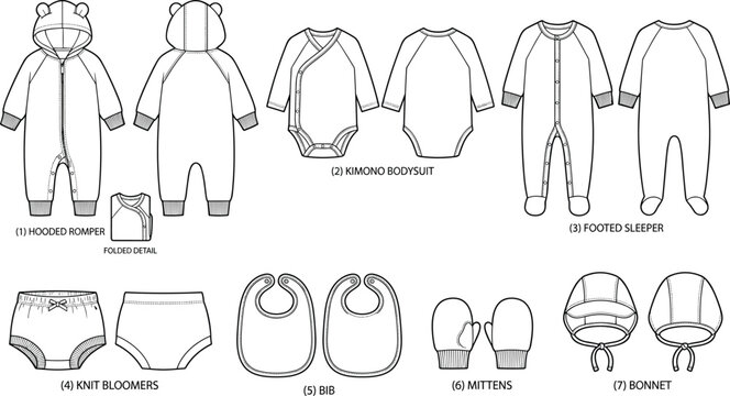 Baby clothing technical flat sketch collection featuring romper bodysuit sleeper bloomers bib mittens and bonnet