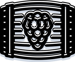 Obraz premium Grape cluster centered on a traditional oak barrel, bold black and white line art symbolizing winemaking, fermentation, vineyard harvest and rustic wine production processes