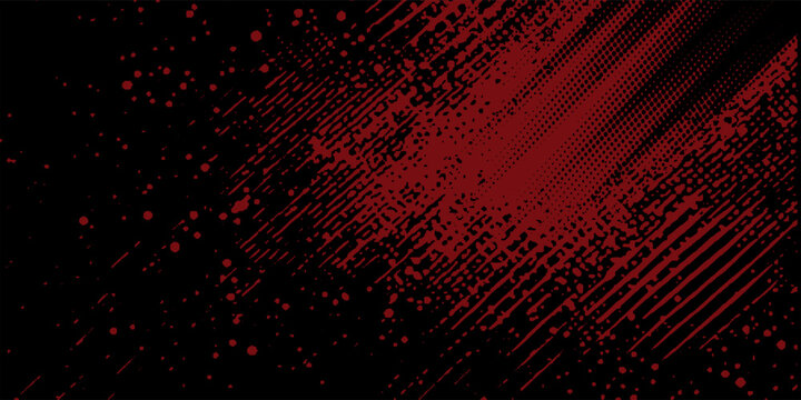Abstract dark red grunge splatter and diagonal lines on black background. Distressed halftone texture vector.
