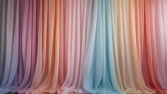 Wide shot of pastel curtains blending colors as they sway 