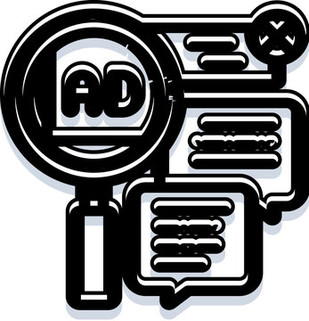 Magnifying glass highlighting an advertisement icon, symbolizing advertising blocking, online ad filtering, and searching for web content on digital platforms