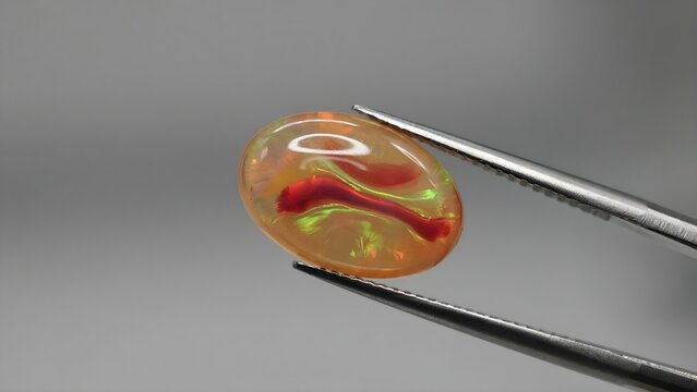 Closeup of a beautiful ovalshaped ethiopian welo opal gemstone held by tweezers