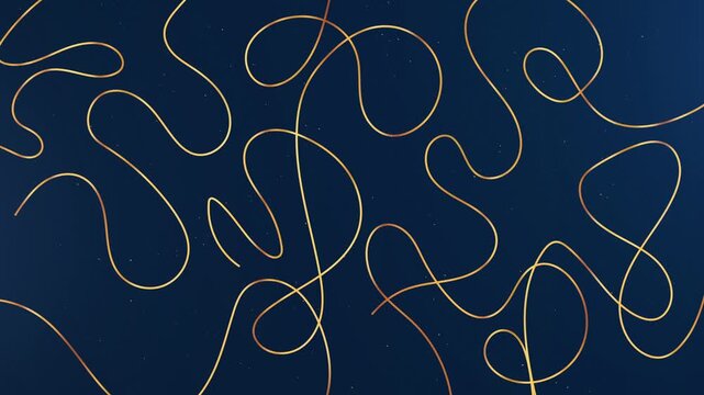 Abstract Dark Blue Background with Growing Elegant Golden Scribble Lines and Glittering Particles Sparkles Loop Animation.