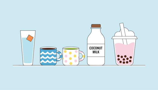 Lineup of different beverages including iced water, hot coffee, green tea, coconut milk, and bubble tea on a blue background.