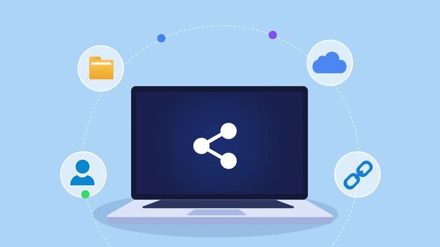 Animated flat vector motion graphic featuring an AI file sharing interface on a laptop with folder, cloud, user, and link icons. Ideal for cloud collaboration, file transfer, and artificial intelligen