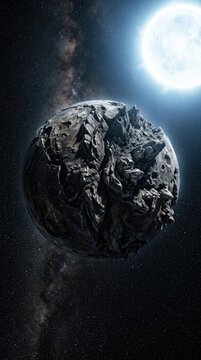 Chthonian iron core of a stripped planet, orbiting close to a bright white dwarf star in deep space, featuring solid nickel formations, fractured metallic crust, impact craters, milky way background.