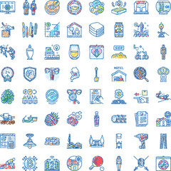 Naklejka premium Set of hand drawn blue and colorful sketch icons illustrating a wide range of topics from business and technology to medicine and lifestyle, capturing essential concepts with a playful aesthetic