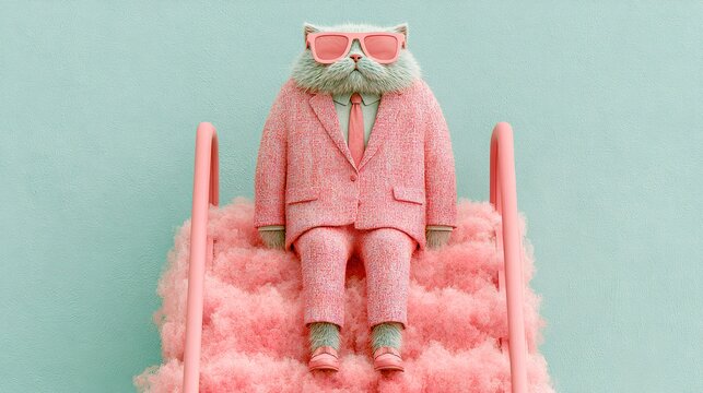 Feline wearing pink suit and sunglasses on fluffy cotton candy stairs