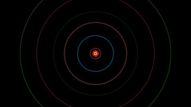 Geometric concentric circles with red blue and green lines on black background