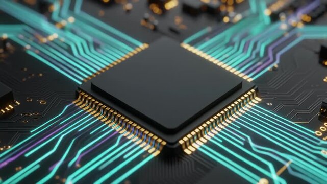 Macro shot of a futuristic quantum microchip on a matte black circuit board with flowing cyan and purple data streams and golden pathways.