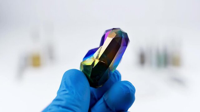 Iridescent Bismuth Crystal Rotated by Blue-Gloved Hand