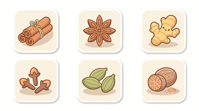 Cute spice icon set featuring cinnamon ginger cardamom anise cloves nutmeg