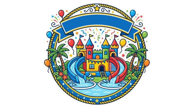 Colorful bouncy castle water slide with summer party banner