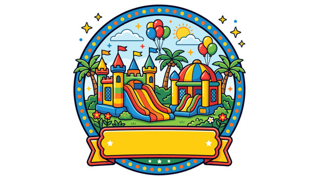 Kids inflatable bouncy castle park with bright festive banner