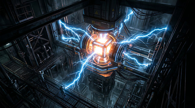 High voltage electrical discharge inside experimental fusion reactor core with electricity industrial electrical research technology laboratory experiment lightning containment generation