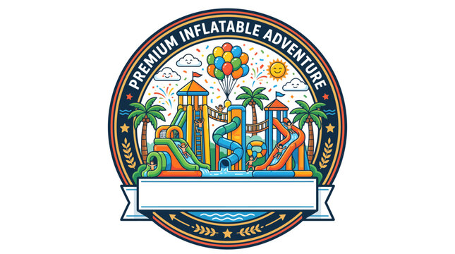 Inflatable water park adventure badge with slides and balloons