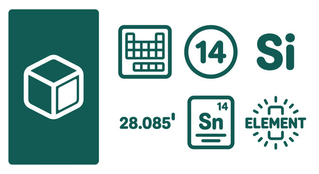 Dark teal chemical element icon set featuring Silicon Si symbols, atomic number 14, periodic table grid, and cube graphic. Minimalist flat vector illustration for science and education.