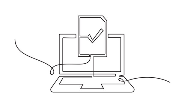 Continuous line drawing of a laptop and a document with a check mark representing digital survey data verification and online approval minimalist style vector illustration on white background
