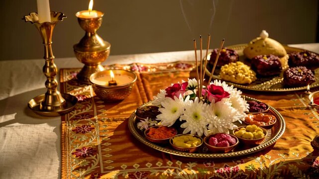 Traditional Hindu ritual prayer setting with offerings for home shrine