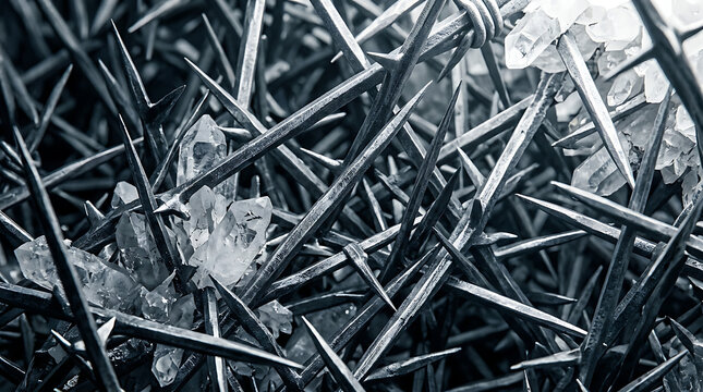 Close-up texture of sharp metal thorns and fragments with dangerous background abstract metallic industrial geometry defensive monochrome fragments crystalline