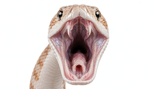 A fierce snake with its mouth open wide, showcasing sharp fangs on a clean white background, evoking a sense of danger and alertness.
