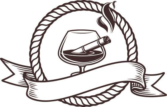 Vintage style cognac glass with a cigar inside a circular rope frame emblem illustration monochrome engraving